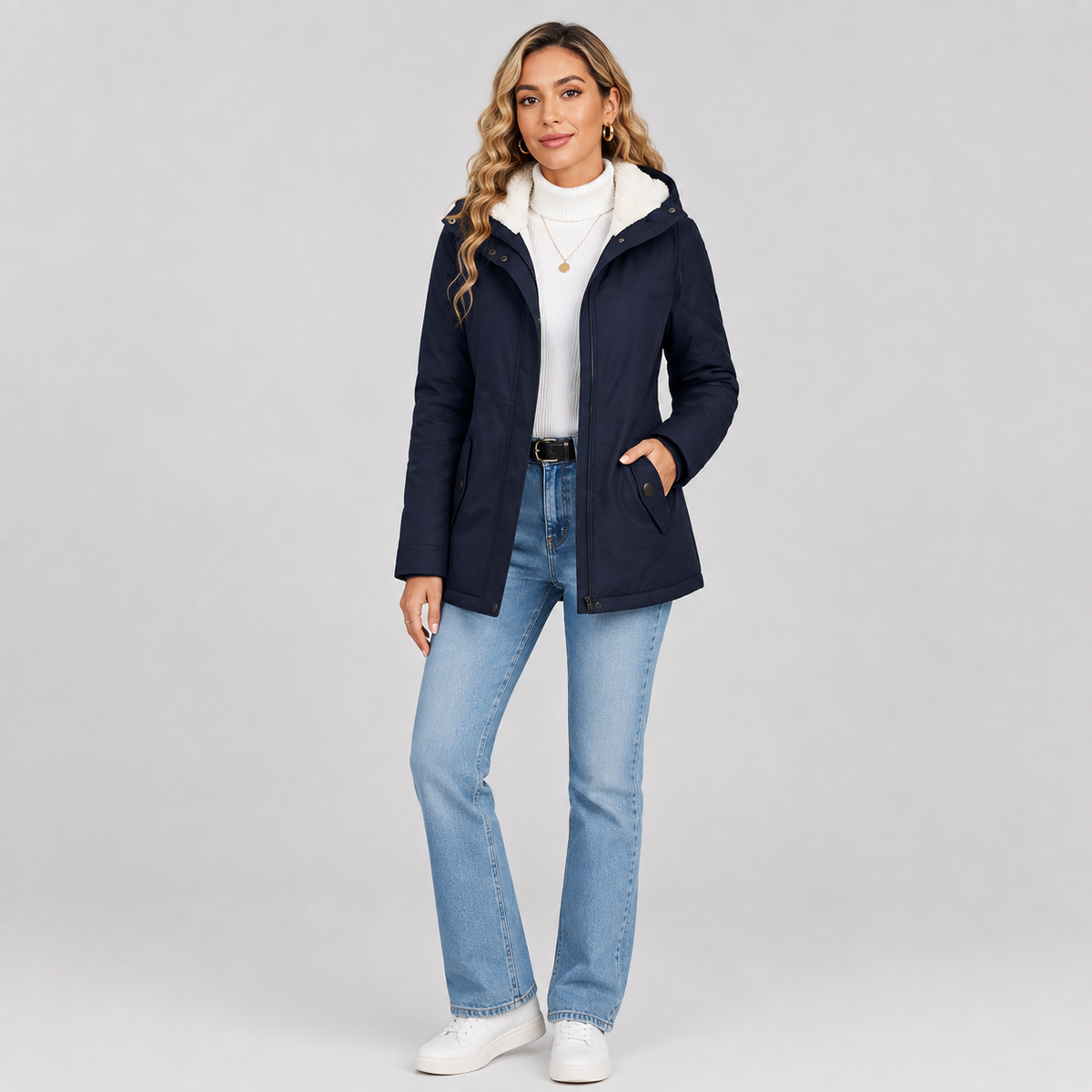 Women's Sherpa-Lined Hooded Quilted Jacket on a model, colour option