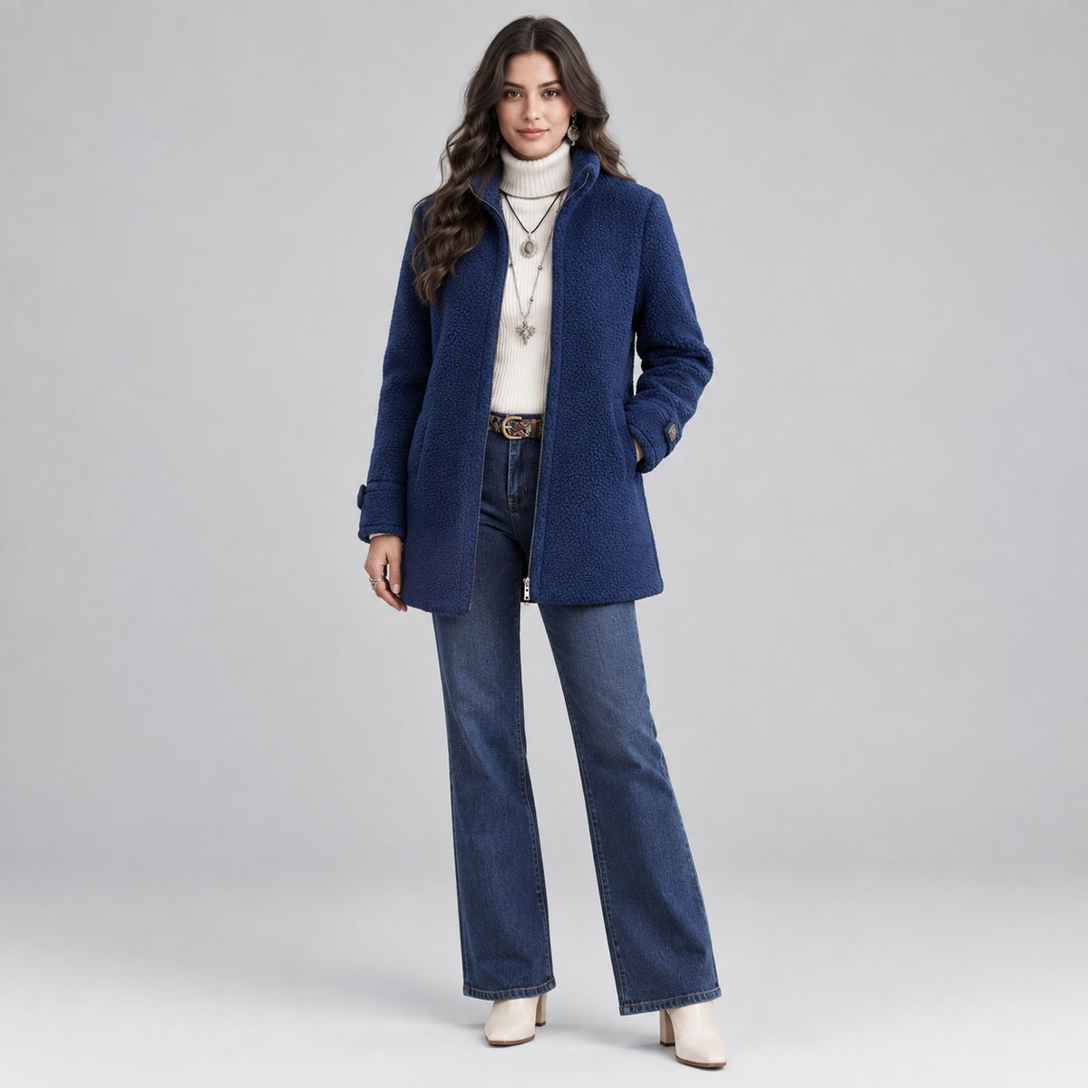 Women's Fluffy Zip-Up Teddy Fleece Jacket on a model, colour option