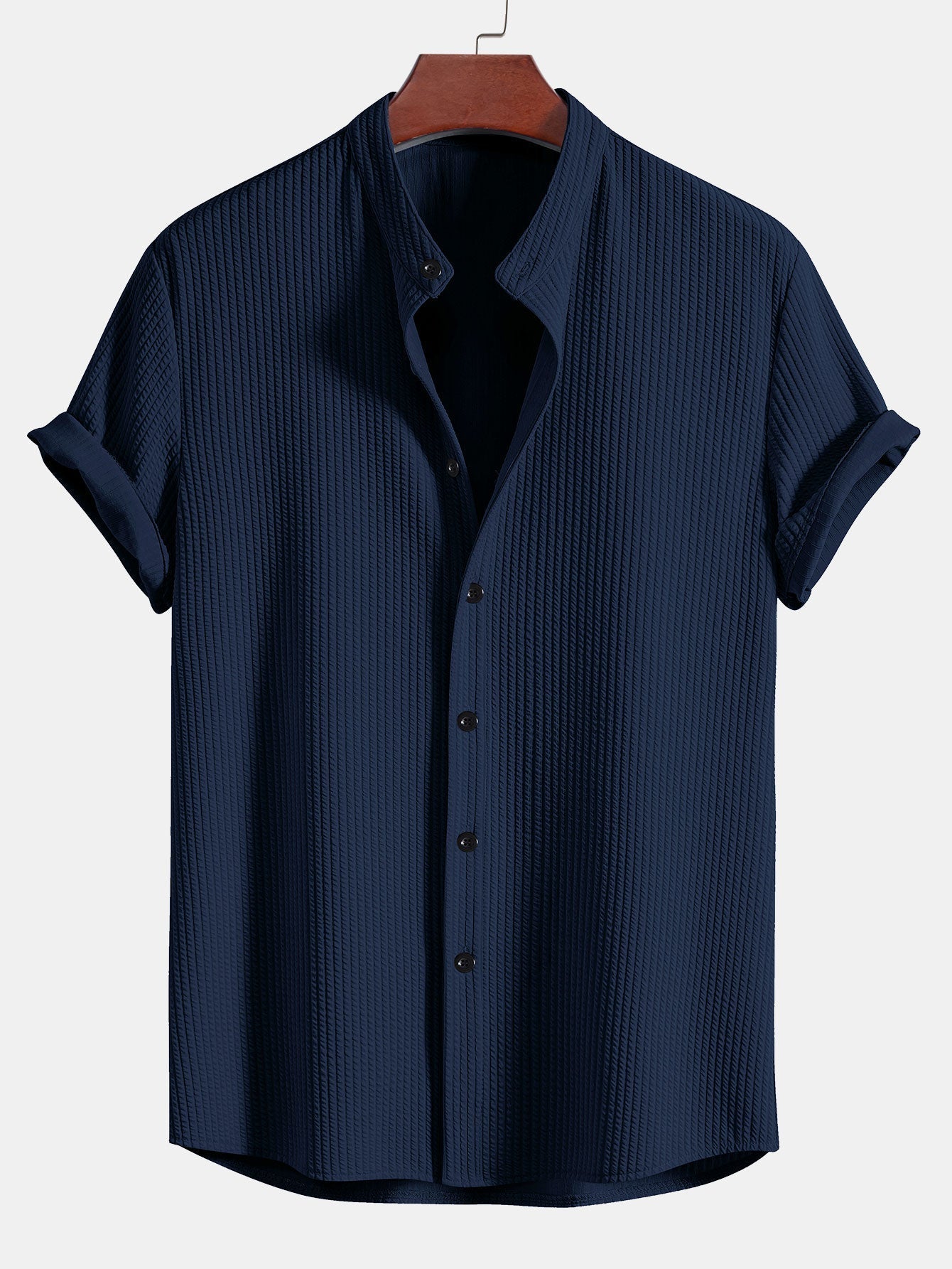 Men's Short Sleeve Textured Shirt Stand Up Collar Summer