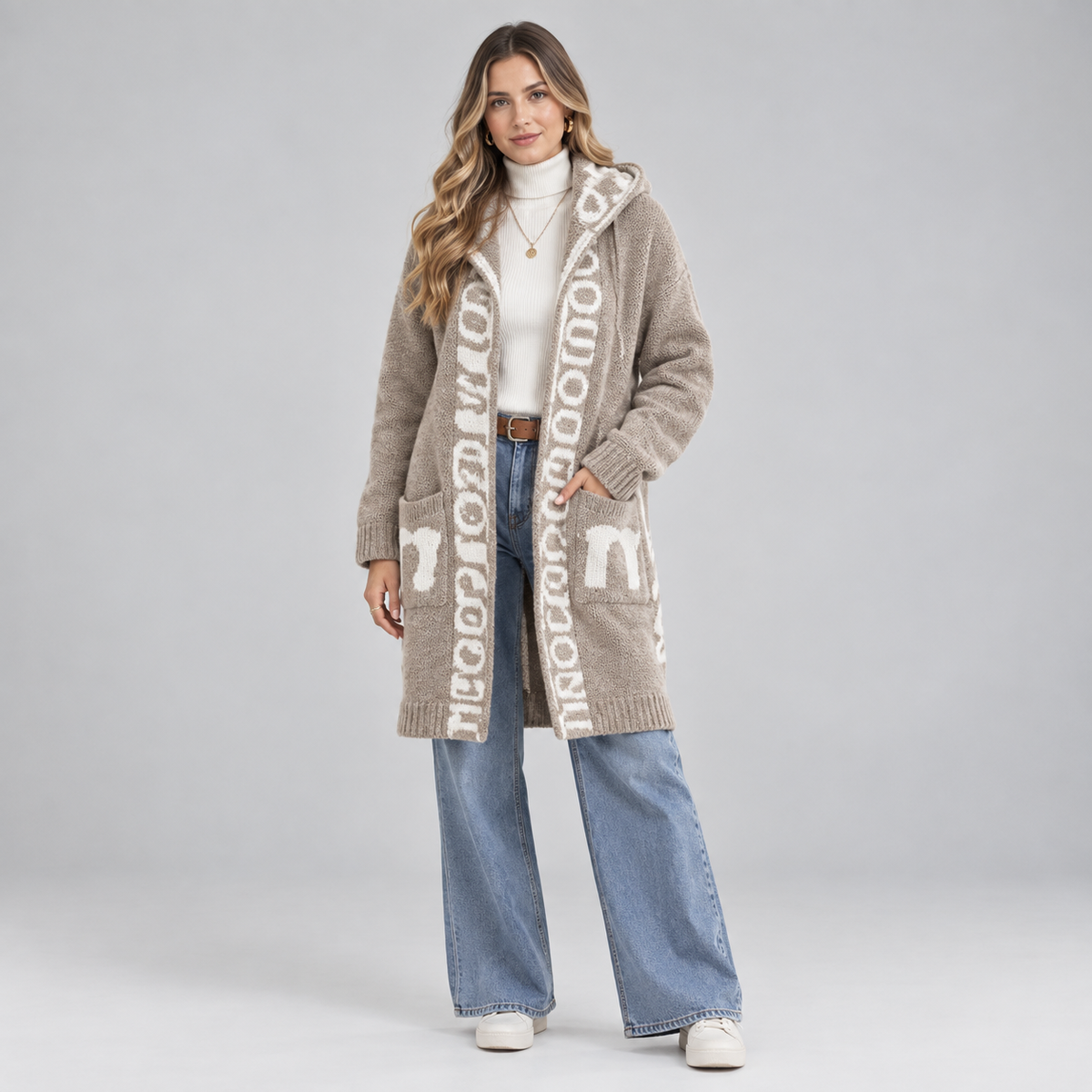 Women's Hooded Knit Open-Front Cardigan on a model, colour option