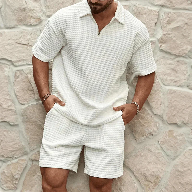 Men's Two Piece Waffle Texture Zip Polo Shirt and Shorts Set Summer