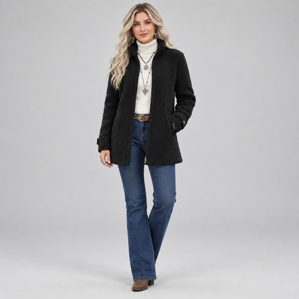 Women's Fluffy Teddy Fleece Full-Zip Jacket on a model, colour option