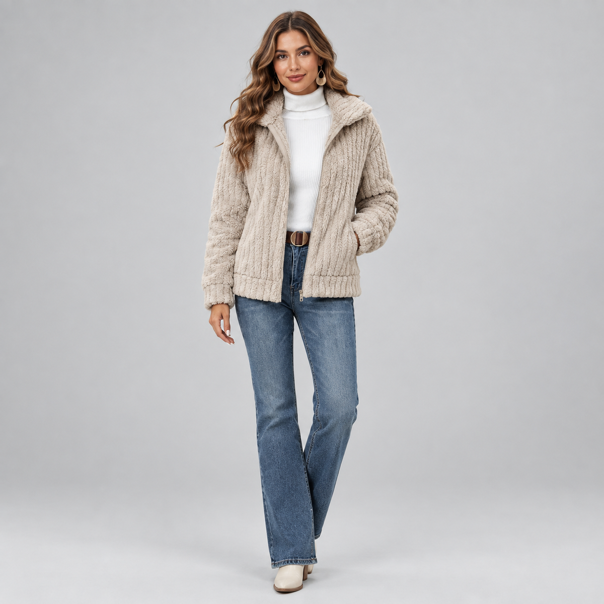 Women's Fluffy Zip-Up Teddy Fleece Jacket on a model, colour option