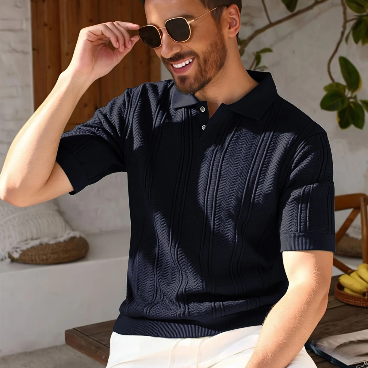 Men's Textured Knit Short Sleeve Polo Shirt
