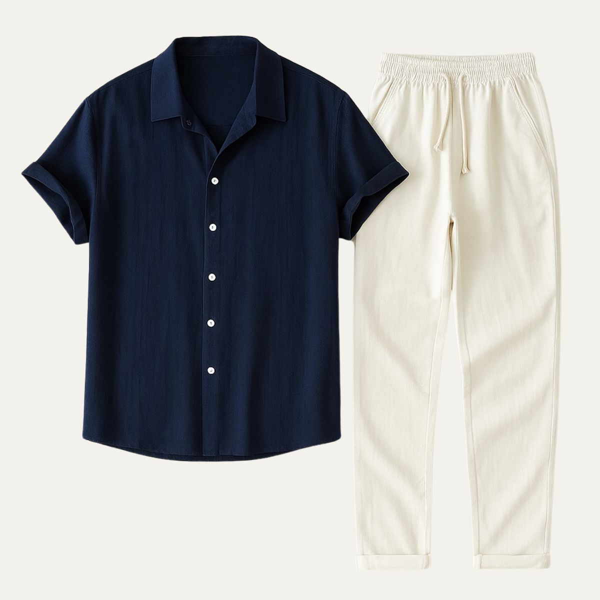 Men's Linen Short Sleeve Shirt Drawstring Trousers Set Summer