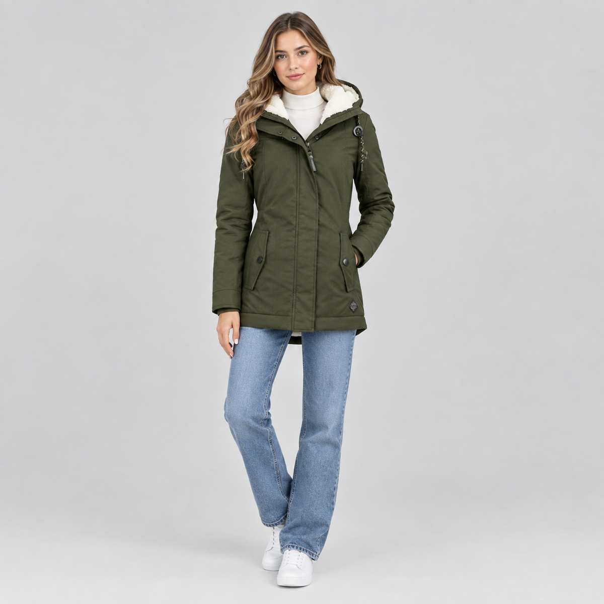 Women's Sherpa-Lined Hooded Quilted Jacket on a model, colour option