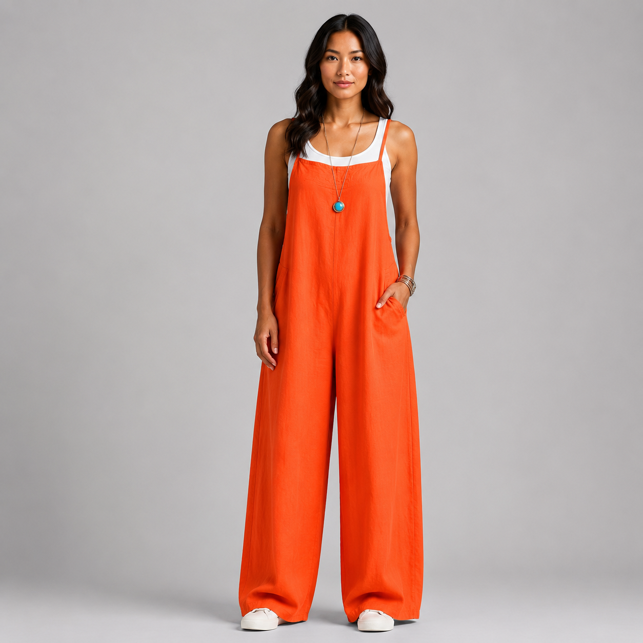 Women's Linen Wide Leg Pants Dungaree Jumpsuit