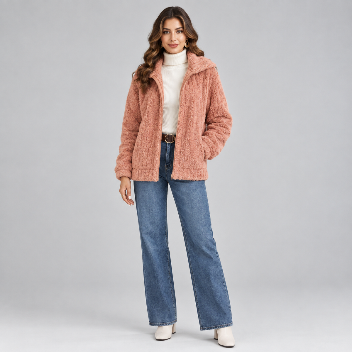 Women's Fluffy Zip-Up Teddy Fleece Jacket on a model, front view
