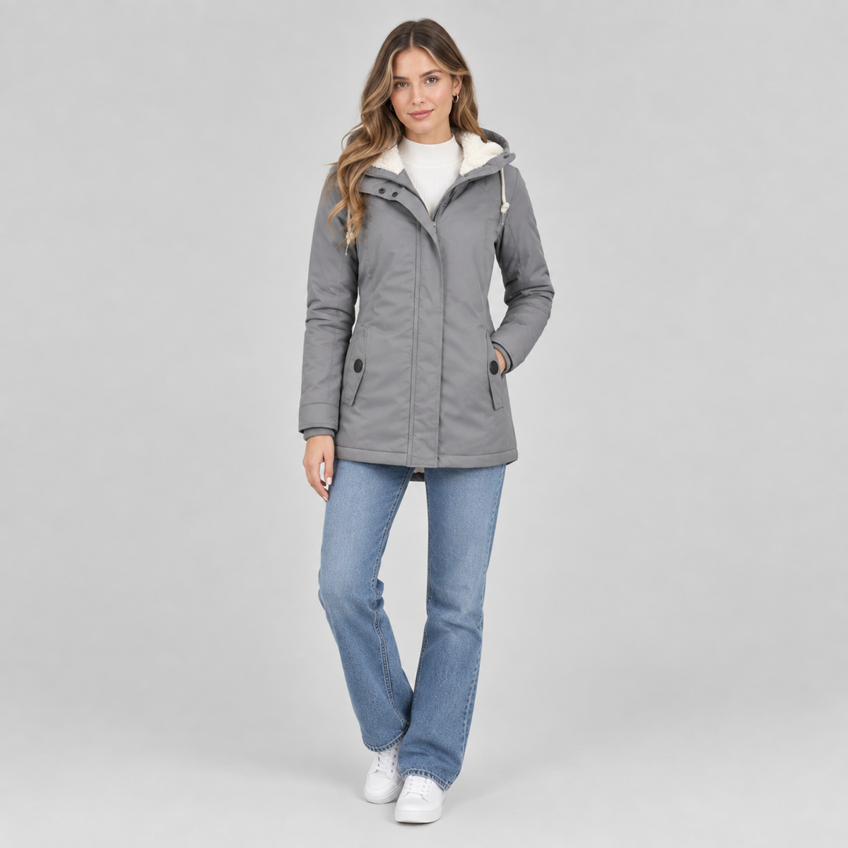 Women's Sherpa-Lined Hooded Quilted Jacket on a model, front view
