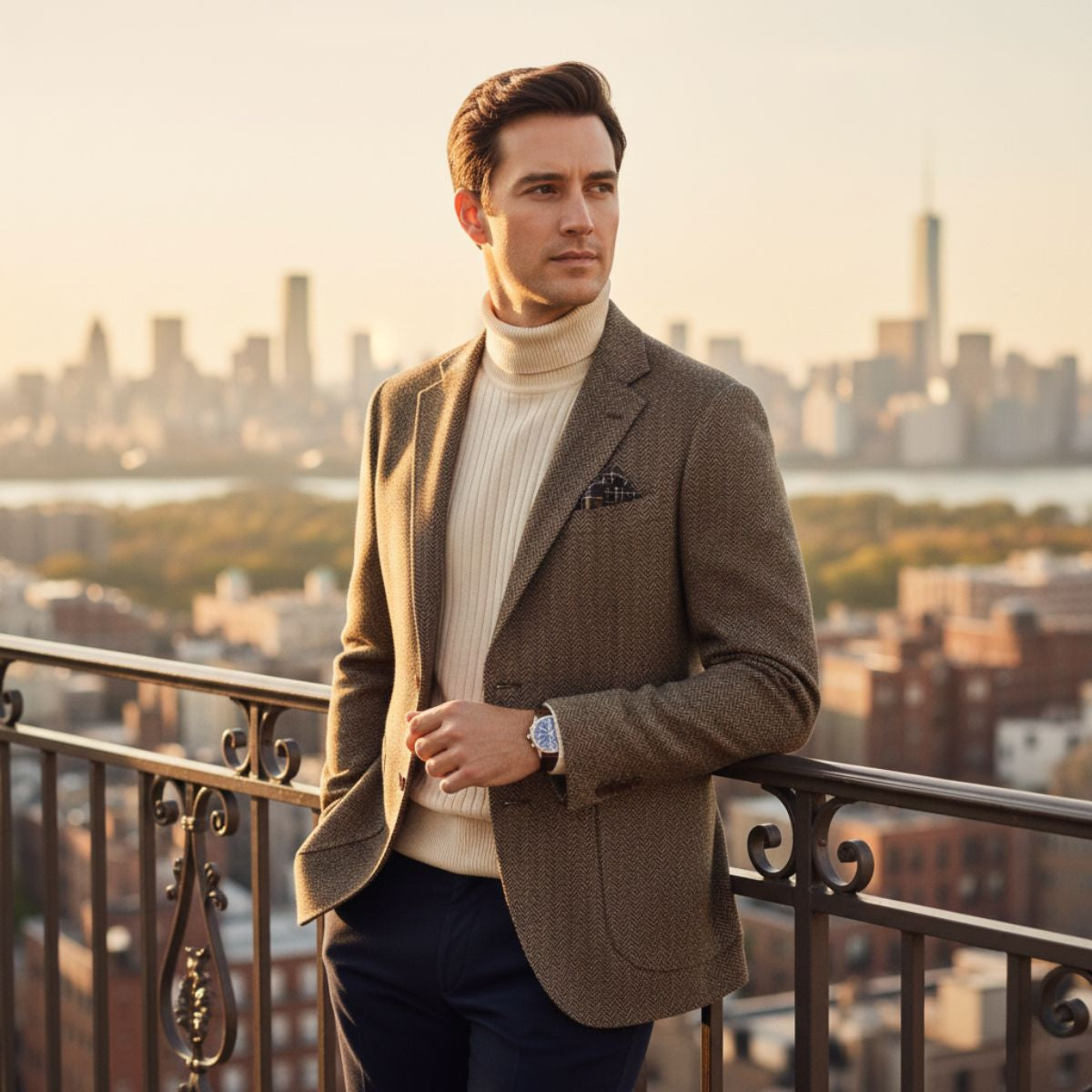 Men’s Herringbone Single-Breasted Wool Tweed Blazer Jacket