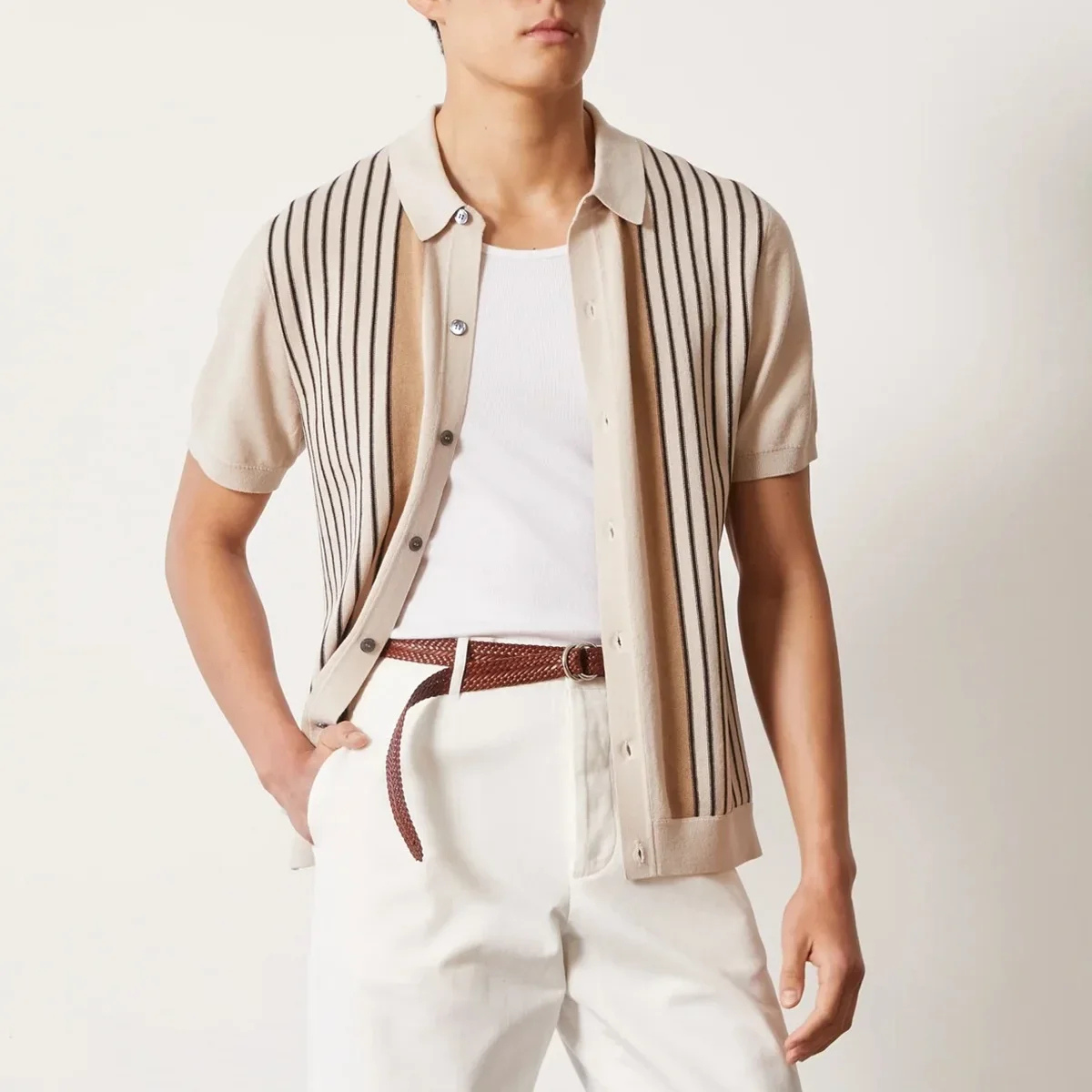 Men's Striped Knit Button Through Polo Shirt Summer