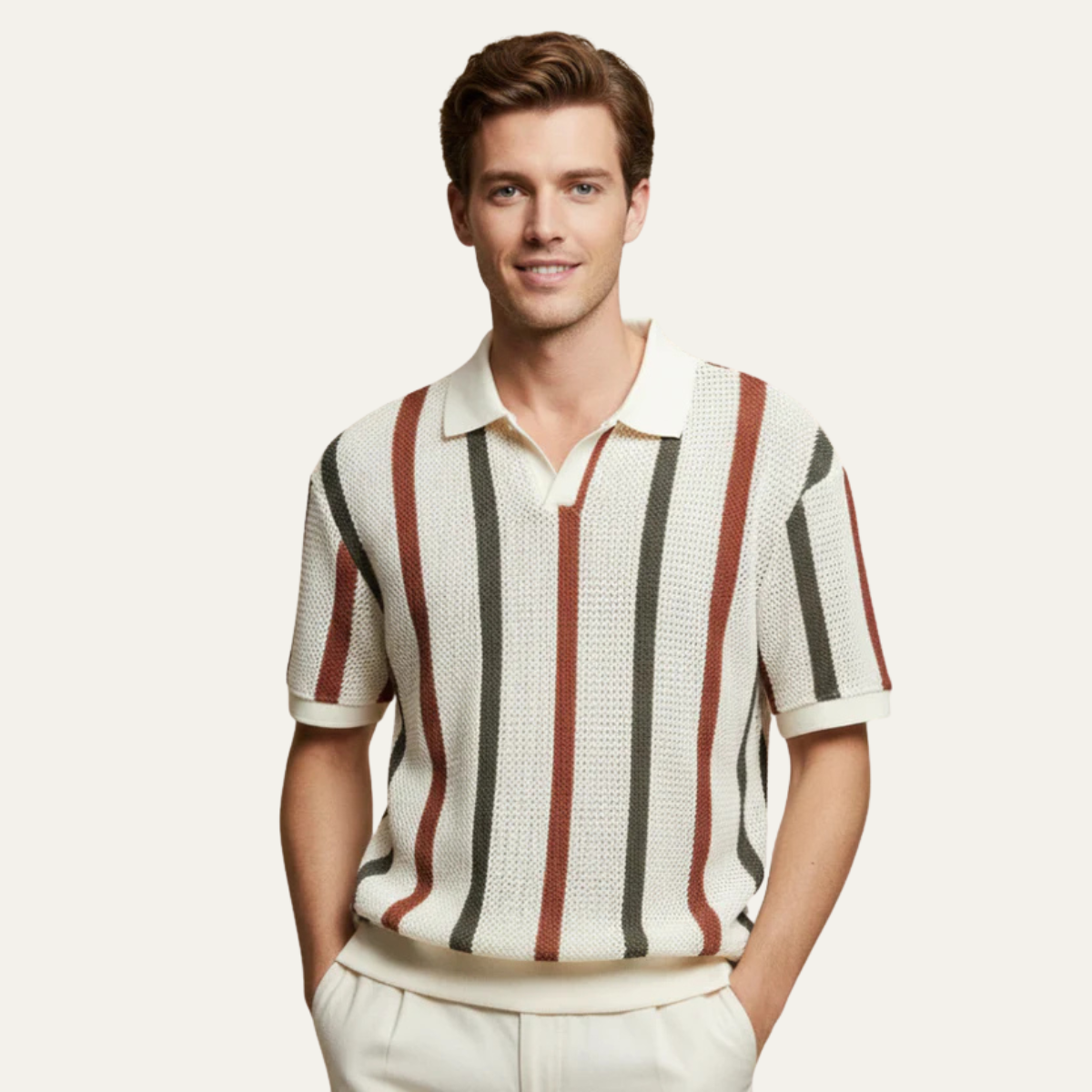 Men's Vintage Striped Knit Polo Shirt Short Sleeve Summer