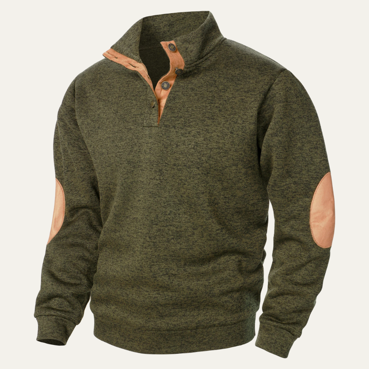 Men’s Stand Collar Fleece Sweater with Suede Elbow Patches