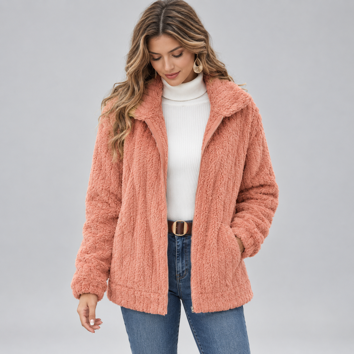 Women's Fluffy Zip-Up Teddy Fleece Jacket on a model, front detail