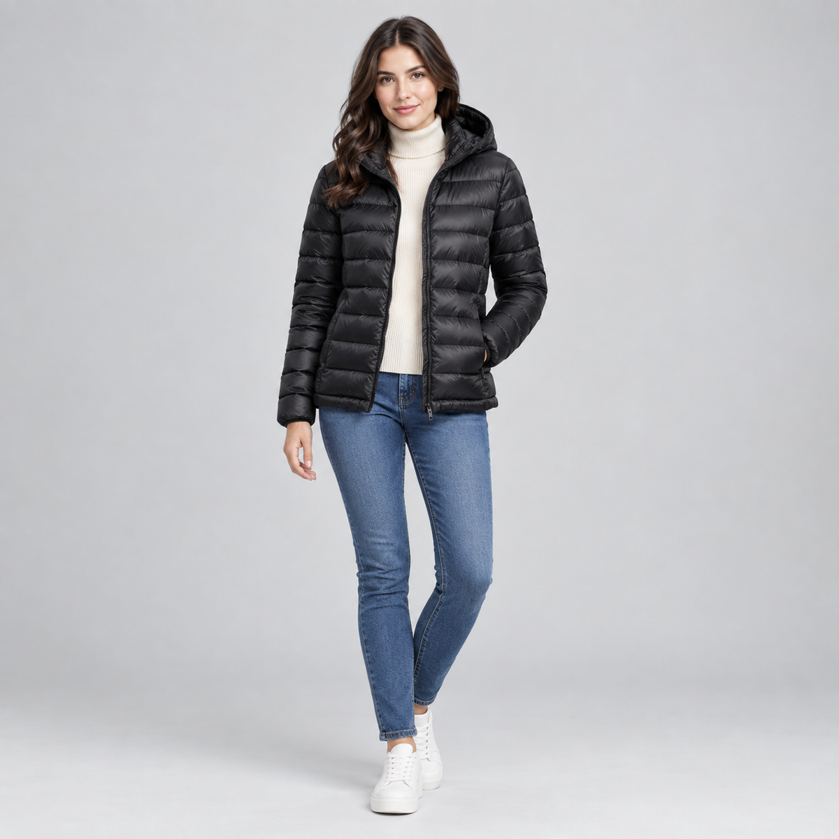 Women's Lightweight Hooded Quilted Jacket on a model, colour option