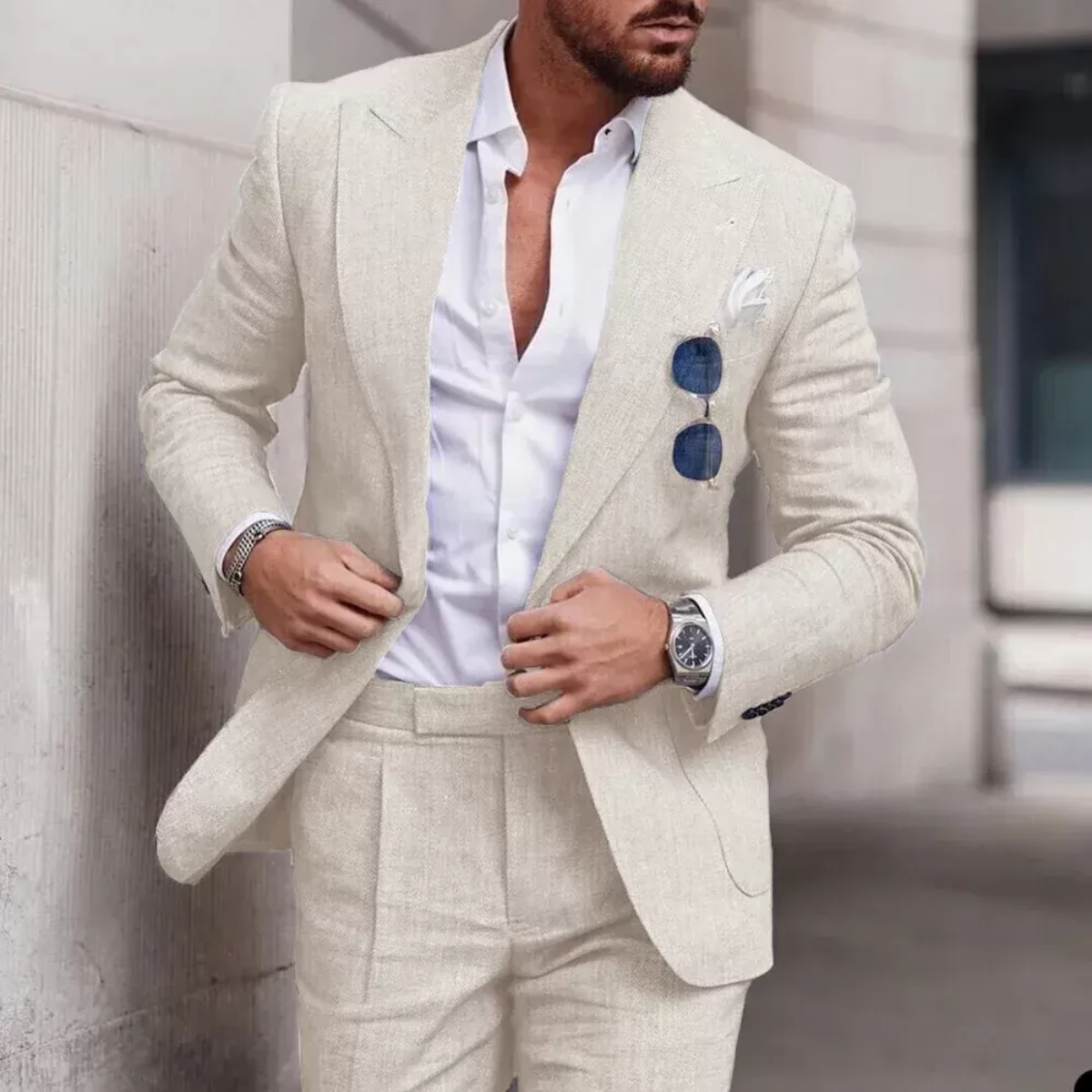 Men's Linen Peak Lapel Two Piece Blazer and Trouser Suit Set