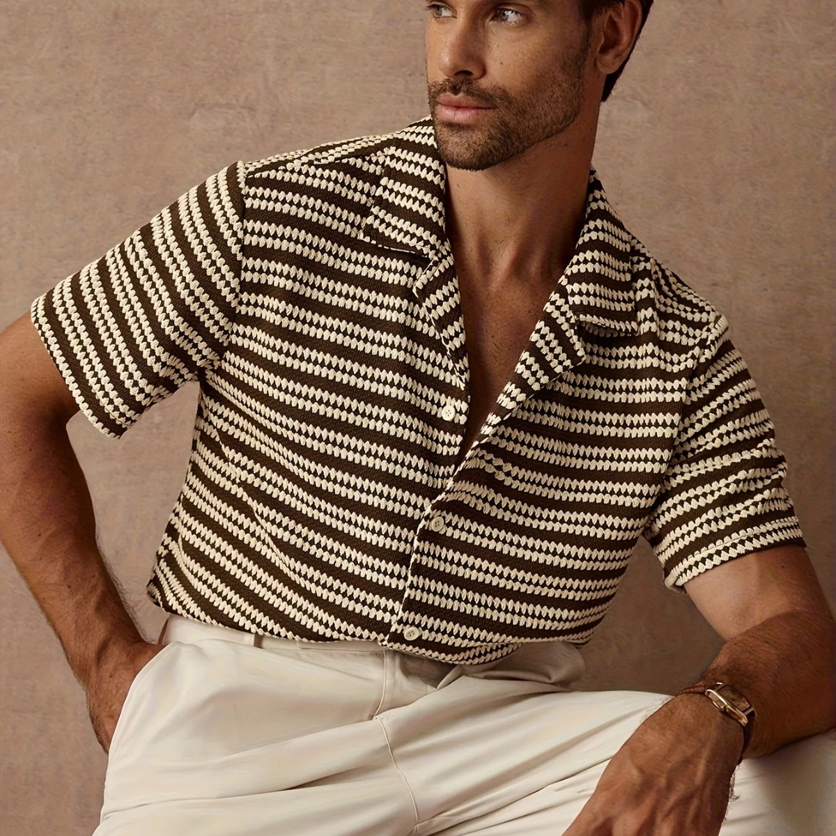 Men's Textured Knit Striped Camp Collar Short Sleeve Shirt
