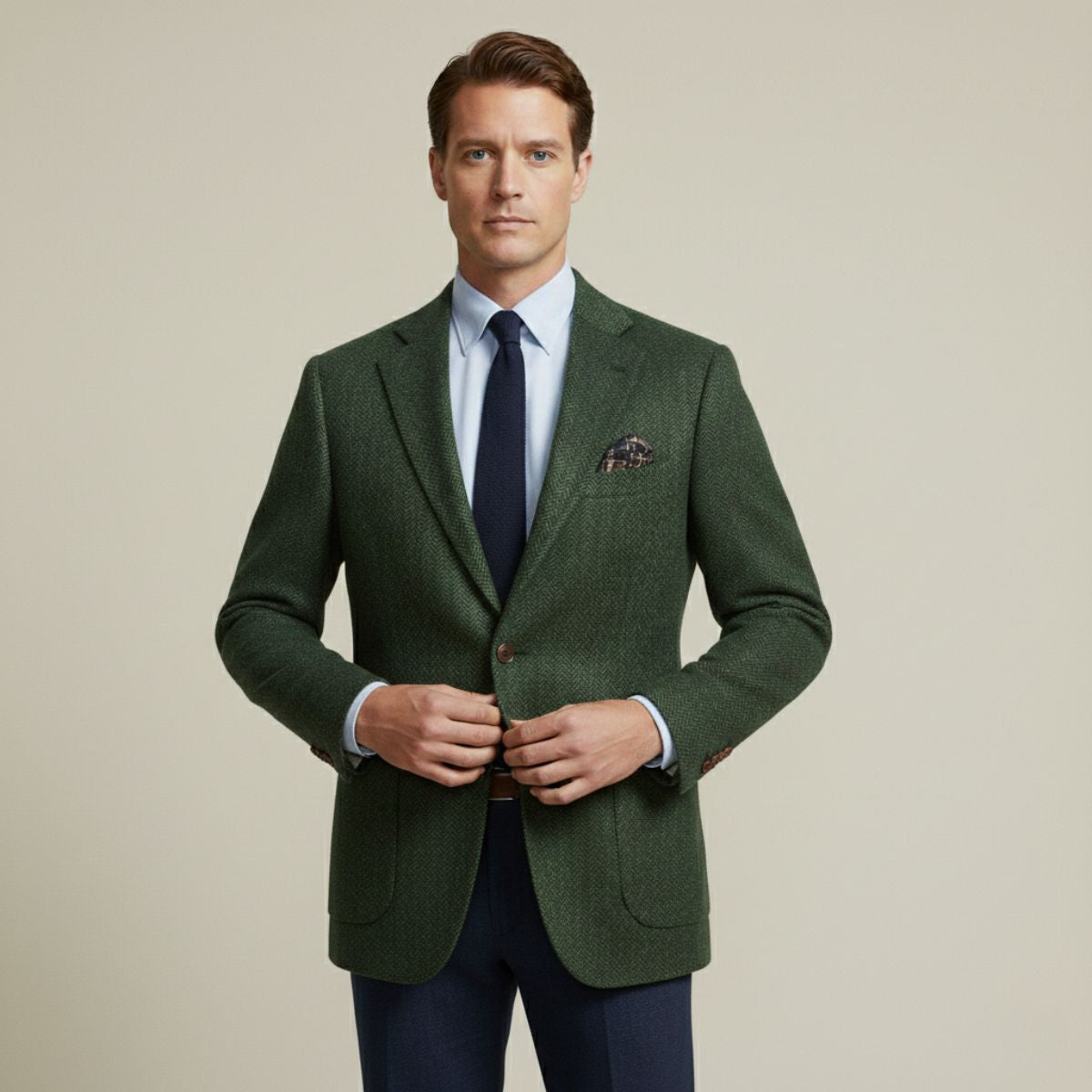 Men’s Herringbone Single-Breasted Wool Tweed Blazer Jacket