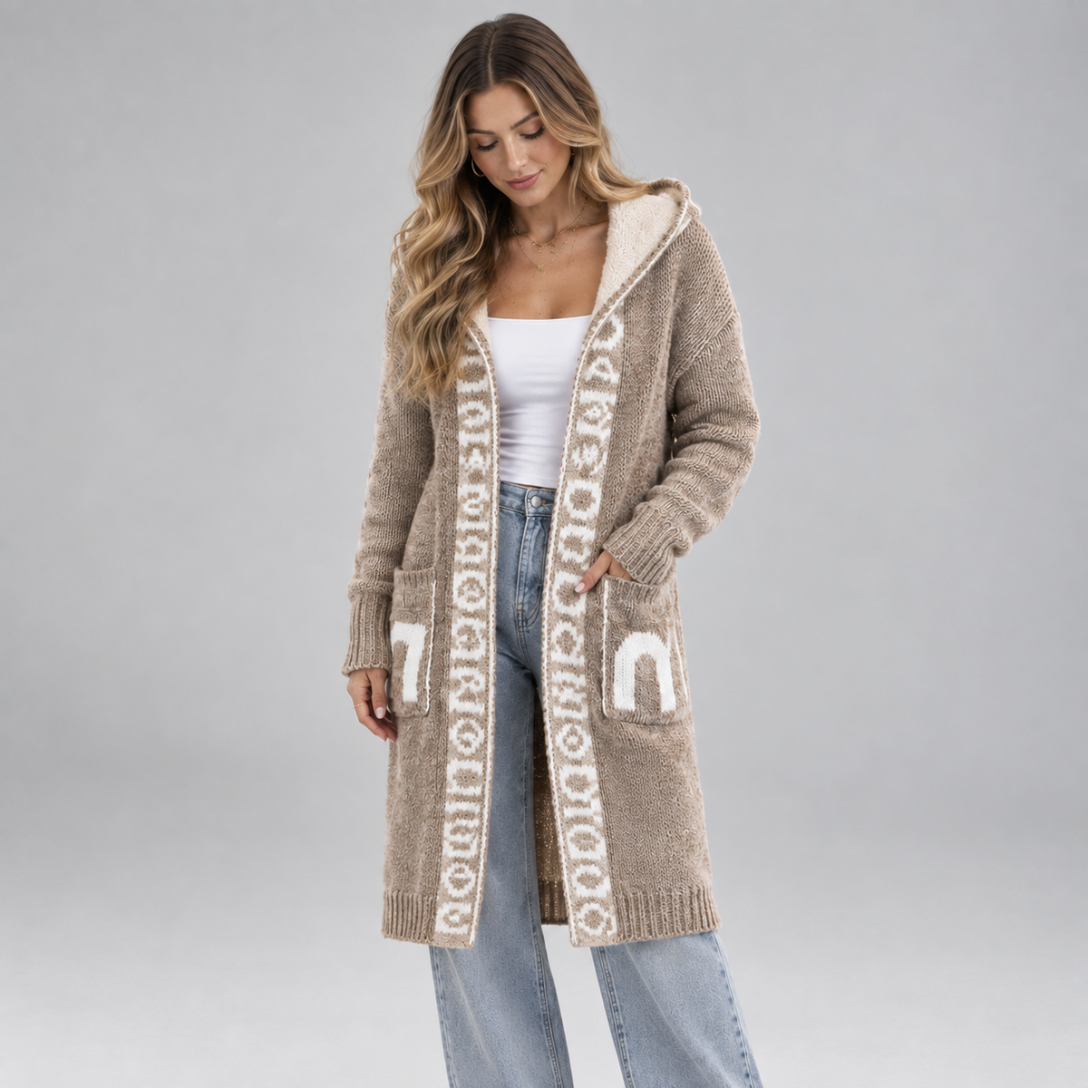 Women's Hooded Knit Open-Front Cardigan on a model, front detail