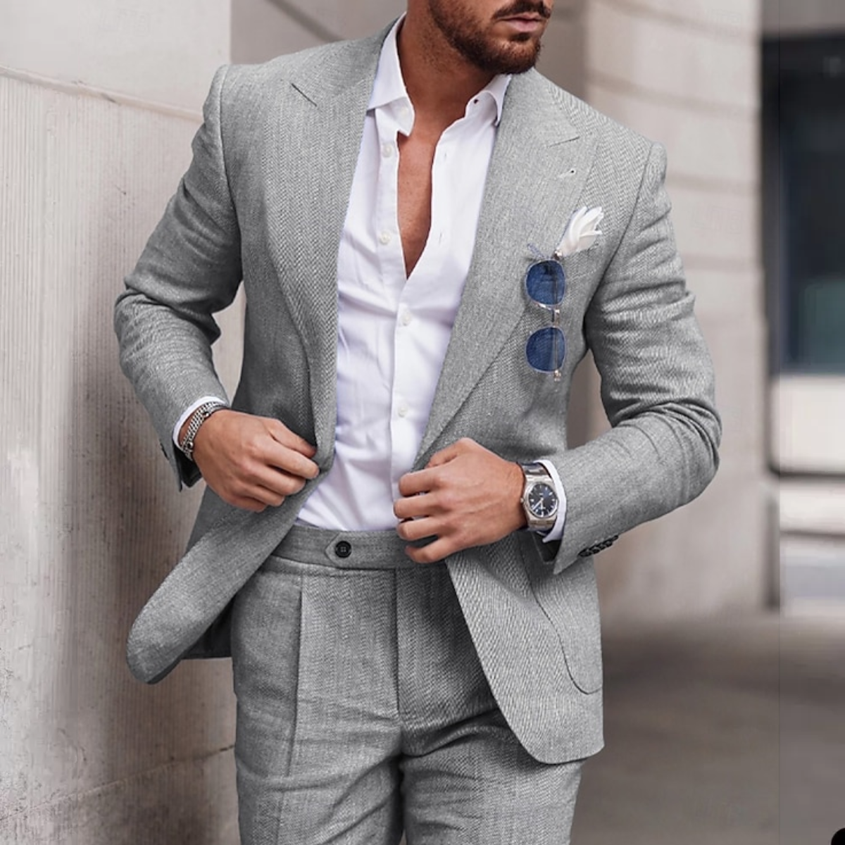 Men's Linen Peak Lapel Two Piece Blazer and Trouser Suit Set