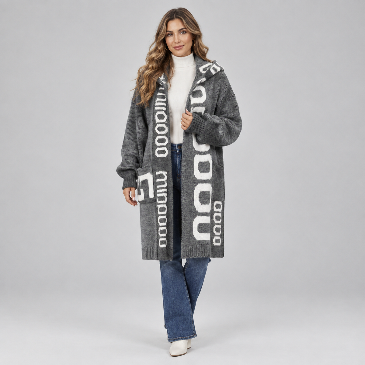 Women's Hooded Knit Open-Front Cardigan on a model, colour option