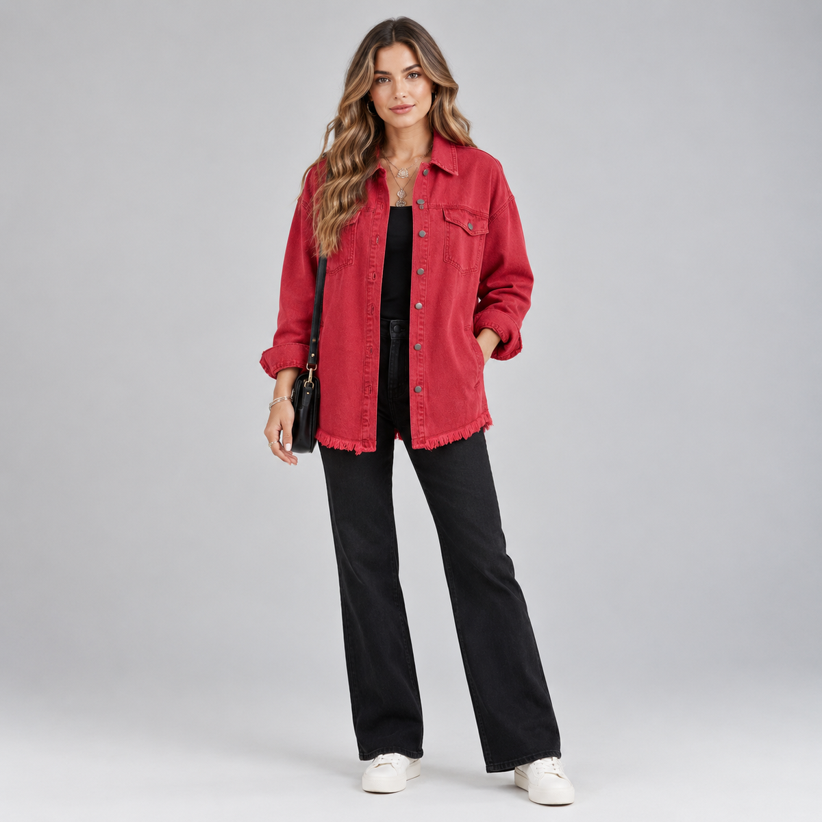 Women's Oversized Snap-Button Denim Jacket on a model, front view