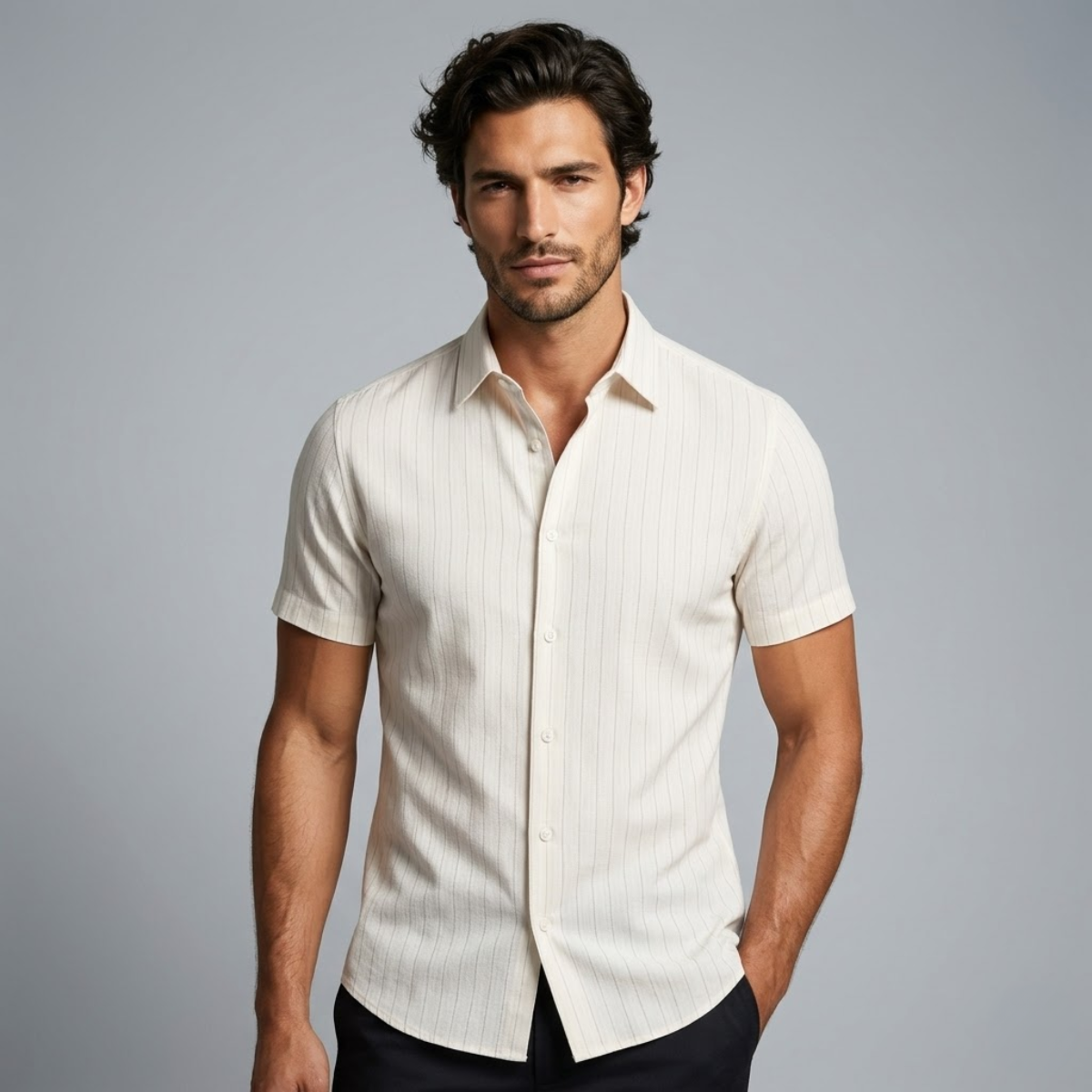 Men's Textured Vertical Stripe Short Sleeve Button-Down Shirt