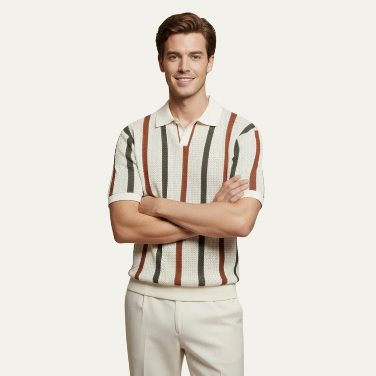 Men's Vintage Striped Knit Polo Shirt Short Sleeve Summer