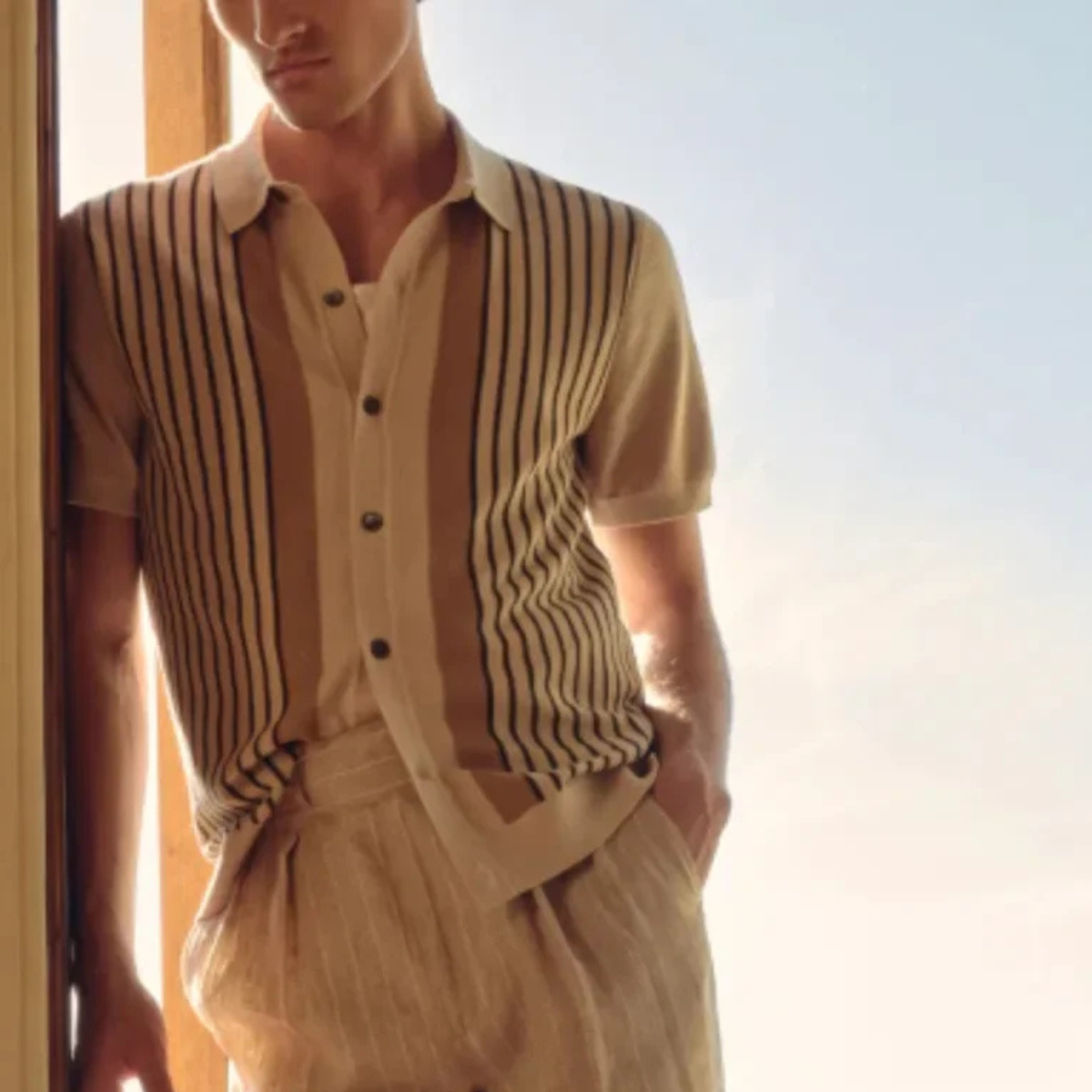 Men's Striped Knit Button Through Polo Shirt Summer