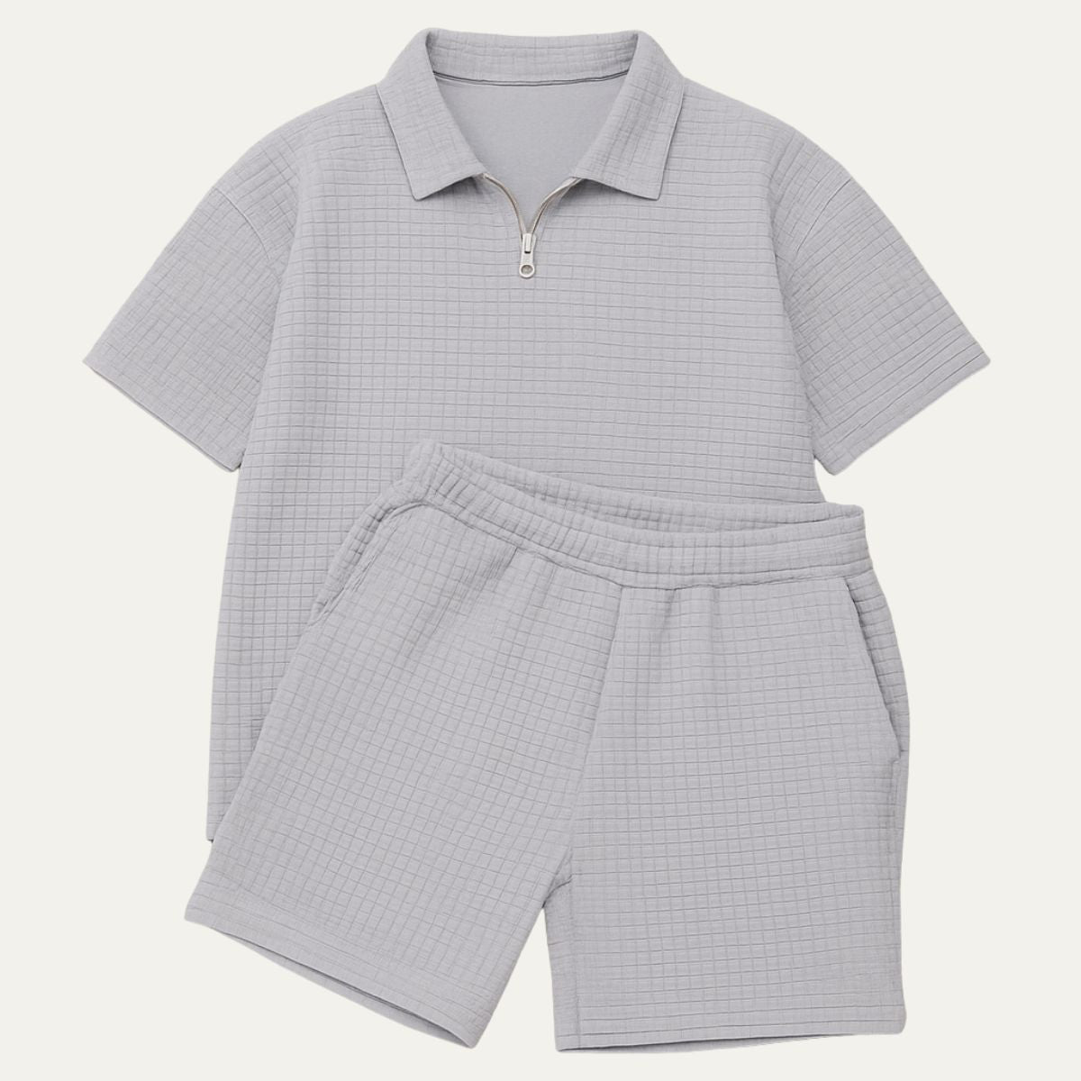 Men's Two Piece Waffle Texture Zip Polo Shirt and Shorts Set Summer