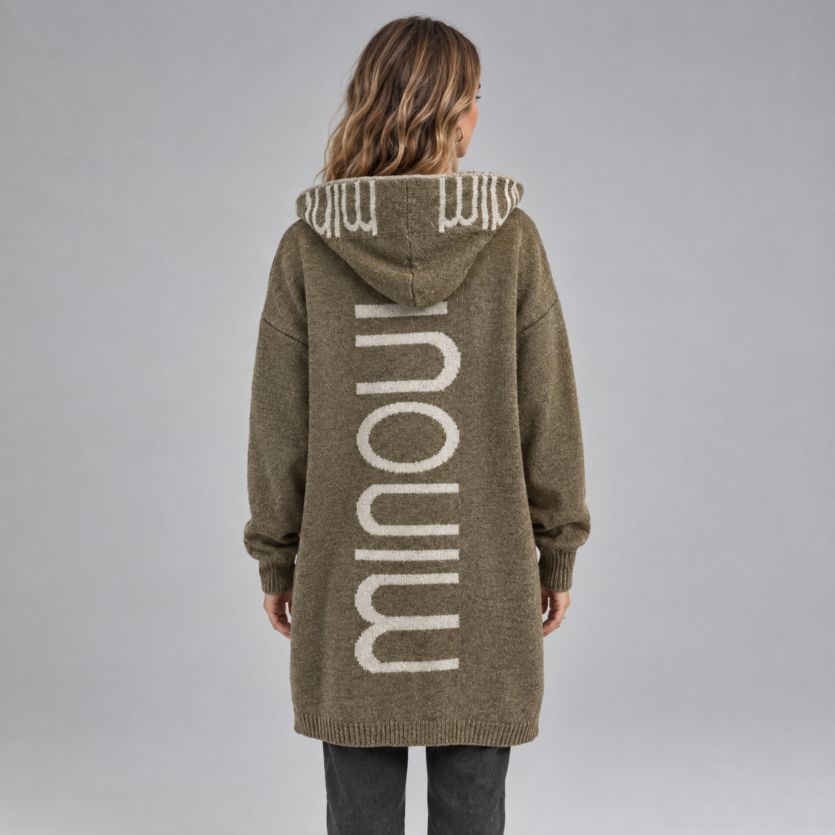 Women's Hooded Knit Open-Front Cardigan on a model, back view
