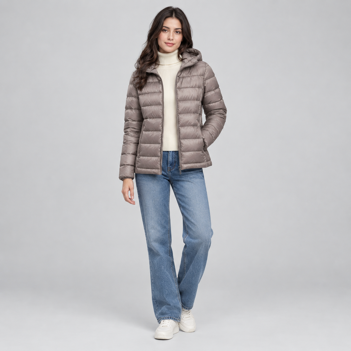 Women's Lightweight Hooded Quilted Jacket on a model, front view