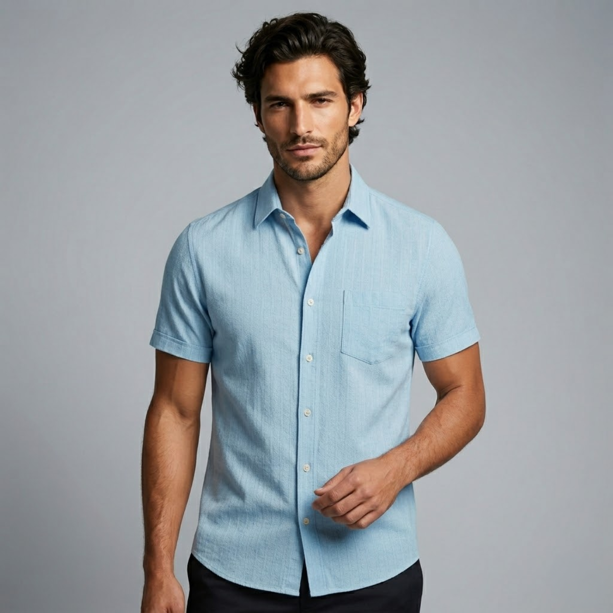 Men's Textured Vertical Stripe Short Sleeve Button-Down Shirt