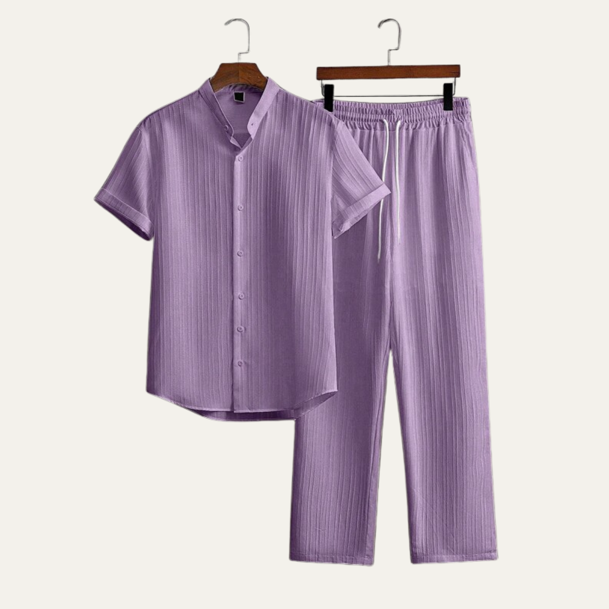 Men's Textured Stand Collar Shirt Trousers Co-ord Set Summer