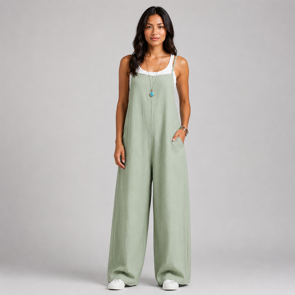Women's Linen Wide Leg Pants Dungaree Jumpsuit