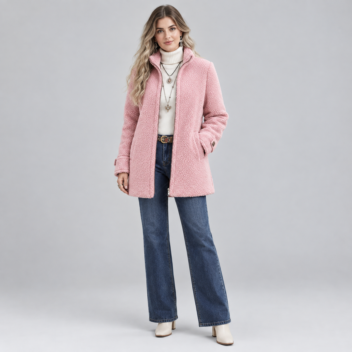 Women's Fluffy Teddy Fleece Full-Zip Jacket on a model, front view