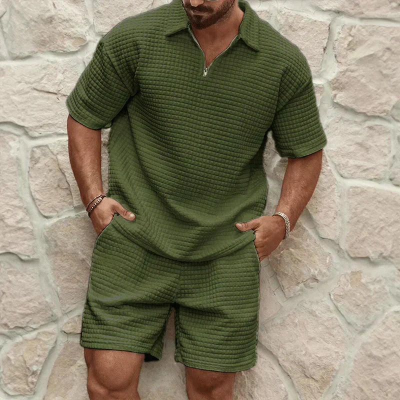 Men's Two Piece Waffle Texture Zip Polo Shirt and Shorts Set Summer