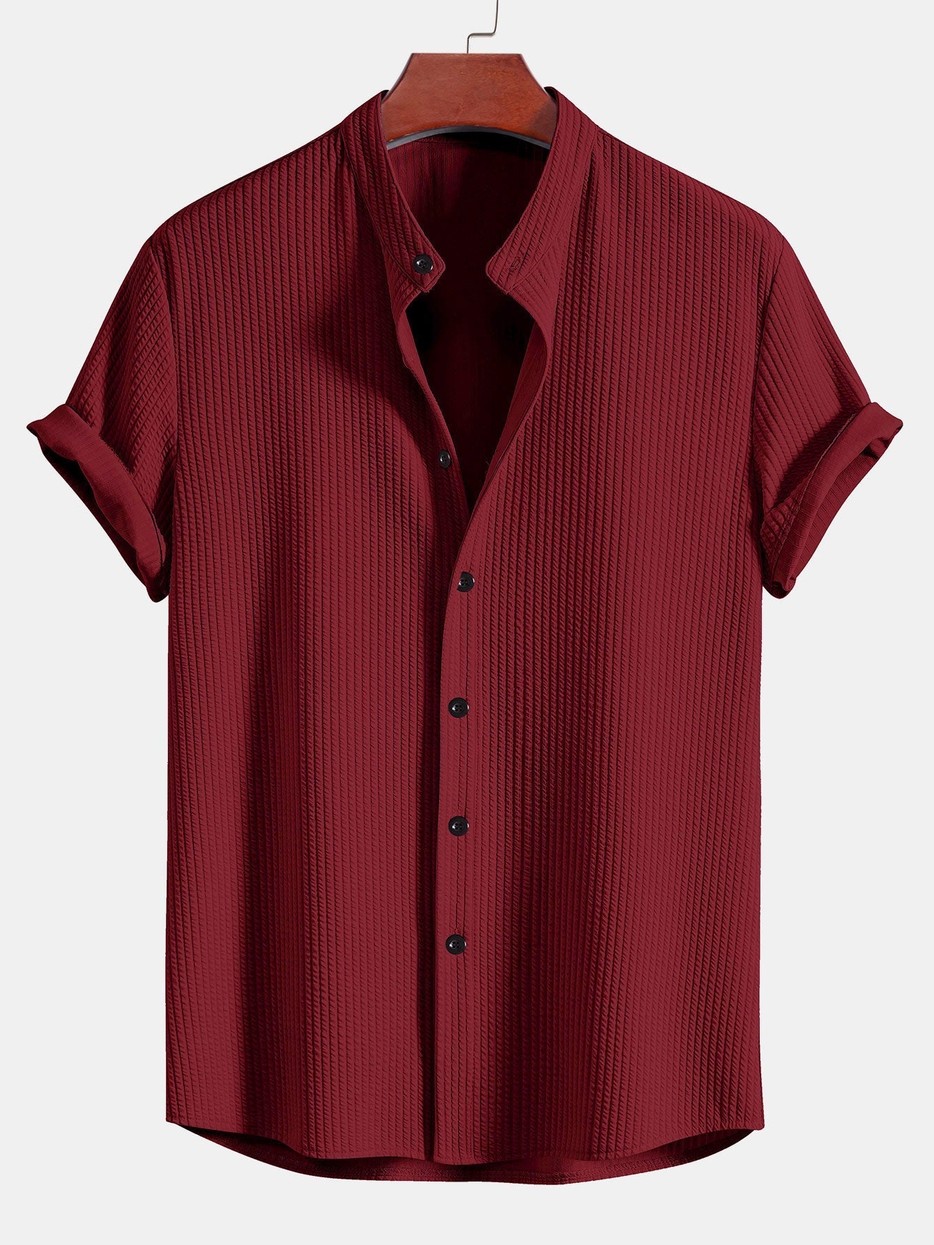 Men's Short Sleeve Textured Shirt Stand Up Collar Summer