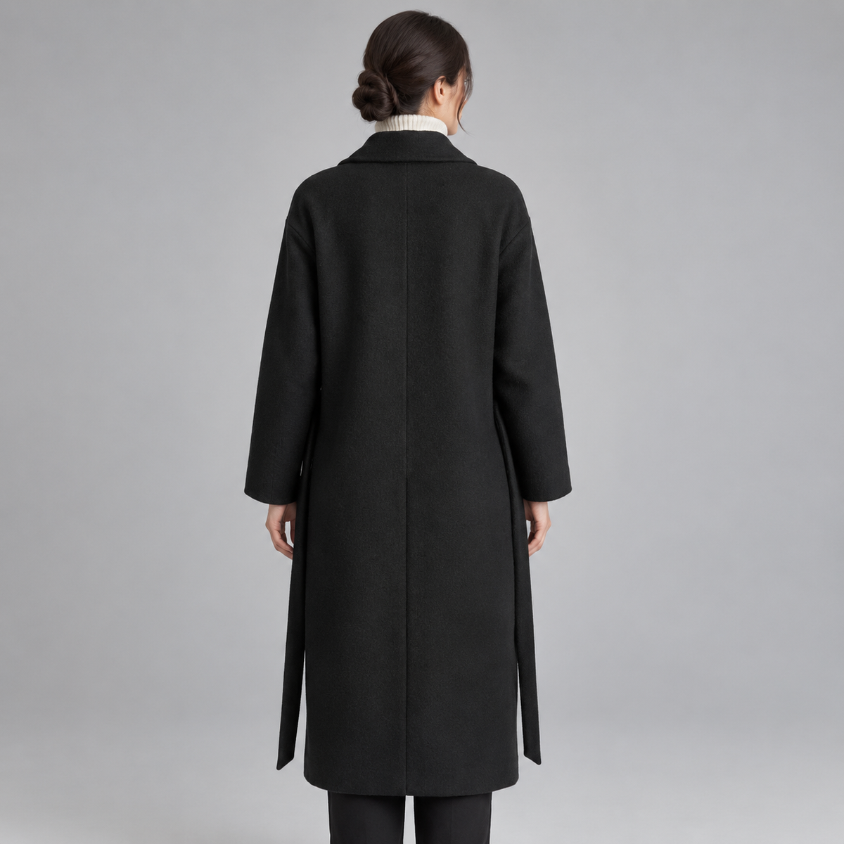 Women's Long Lapel Button Coat on a model, back view