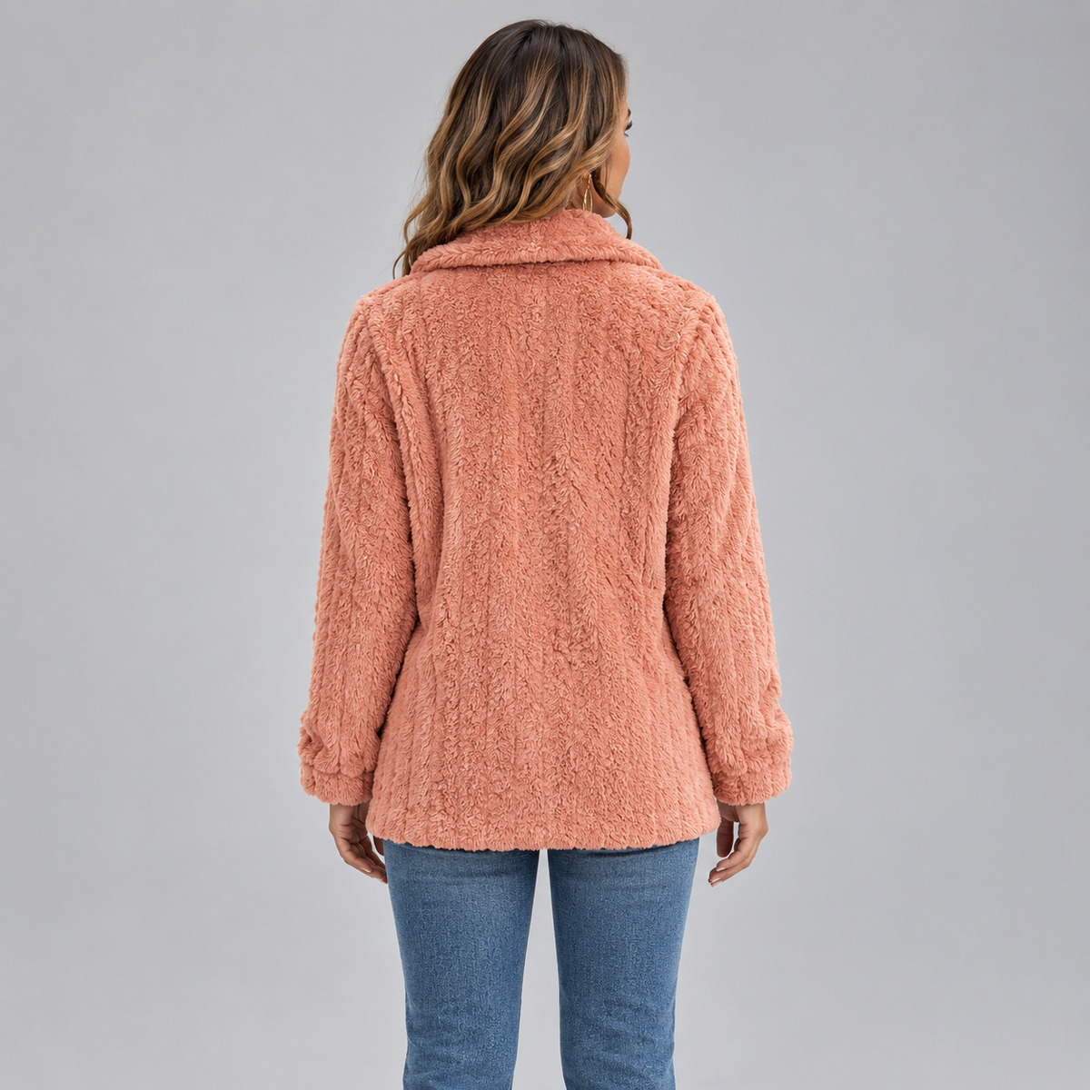 Women's Fluffy Zip-Up Teddy Fleece Jacket on a model, back view