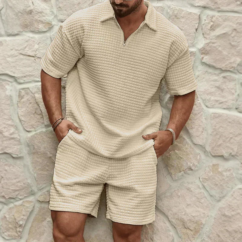 Men's Two Piece Waffle Texture Zip Polo Shirt and Shorts Set Summer