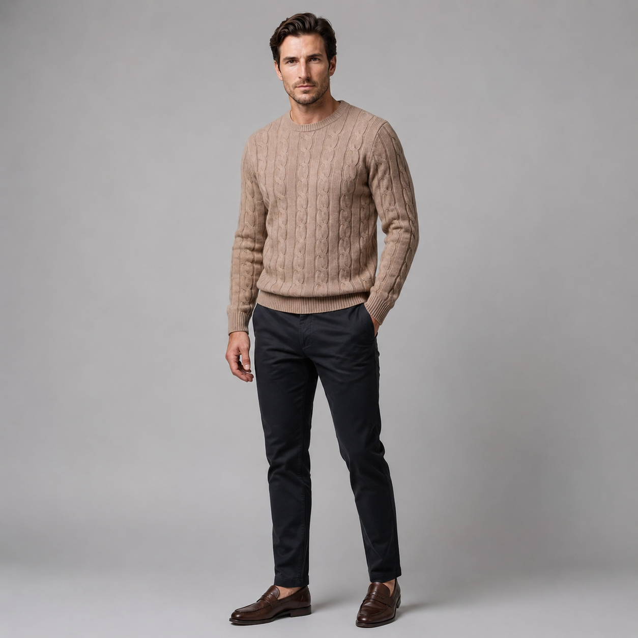 Men's Cable Knit Wool Crew Neck Sweater