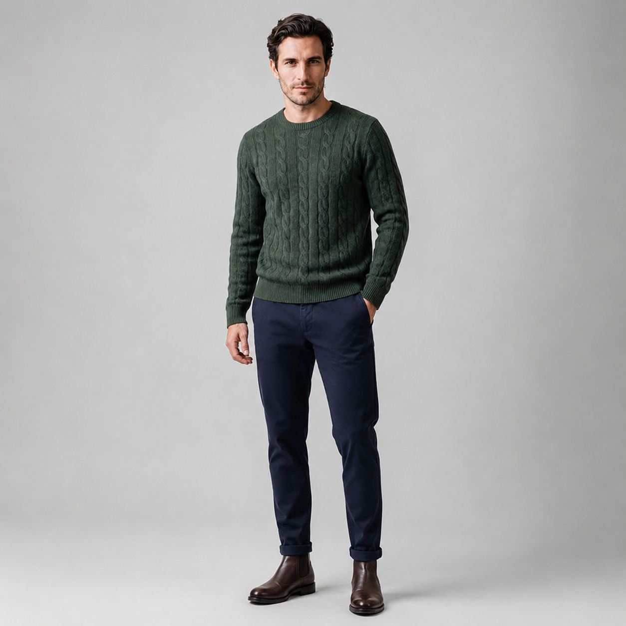 Men's Cable Knit Wool Crew Neck Sweater