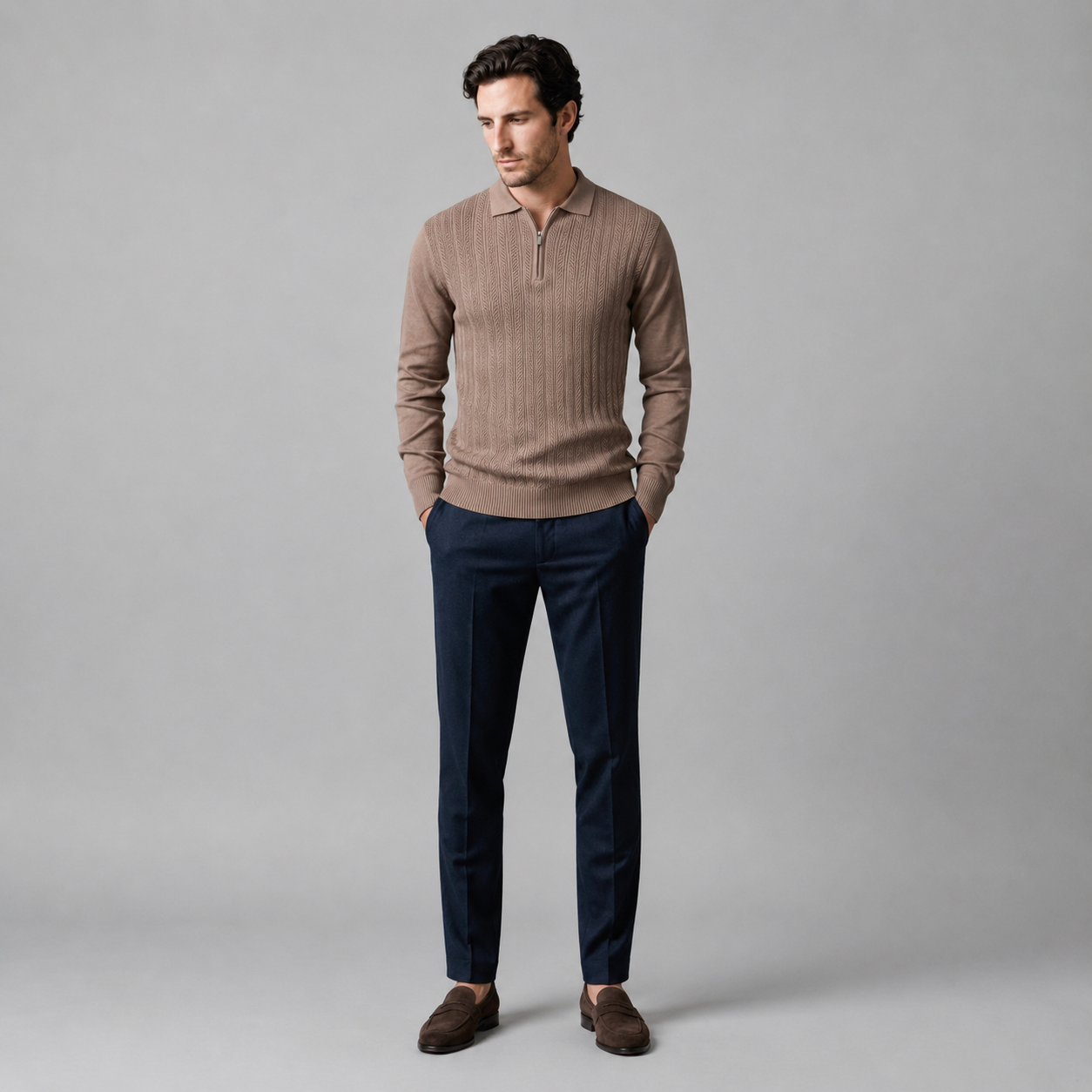 Men's Rib Knit Polo Shirt with Zipper