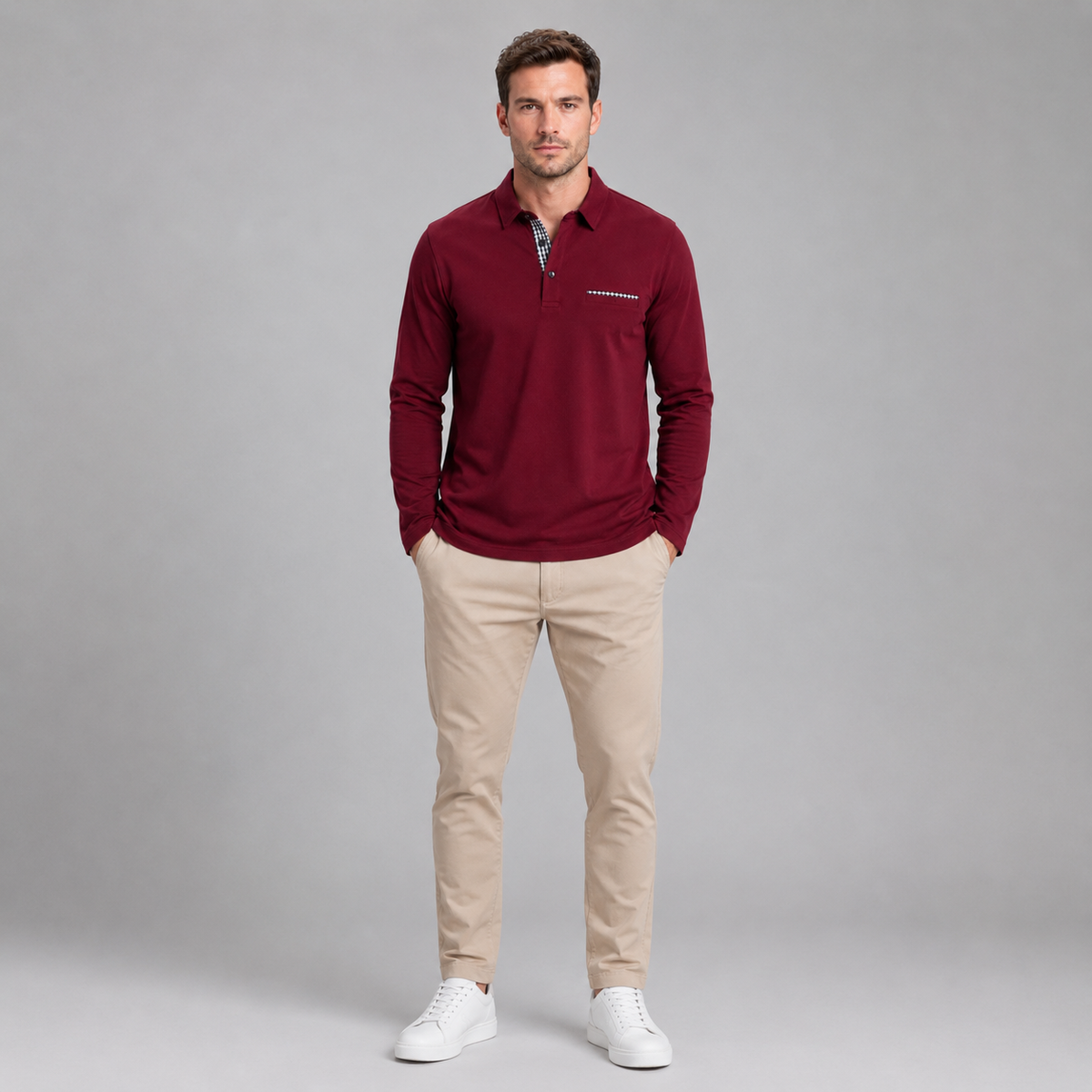 Men’s Long Sleeve Gingham Trim Polo Shirt
