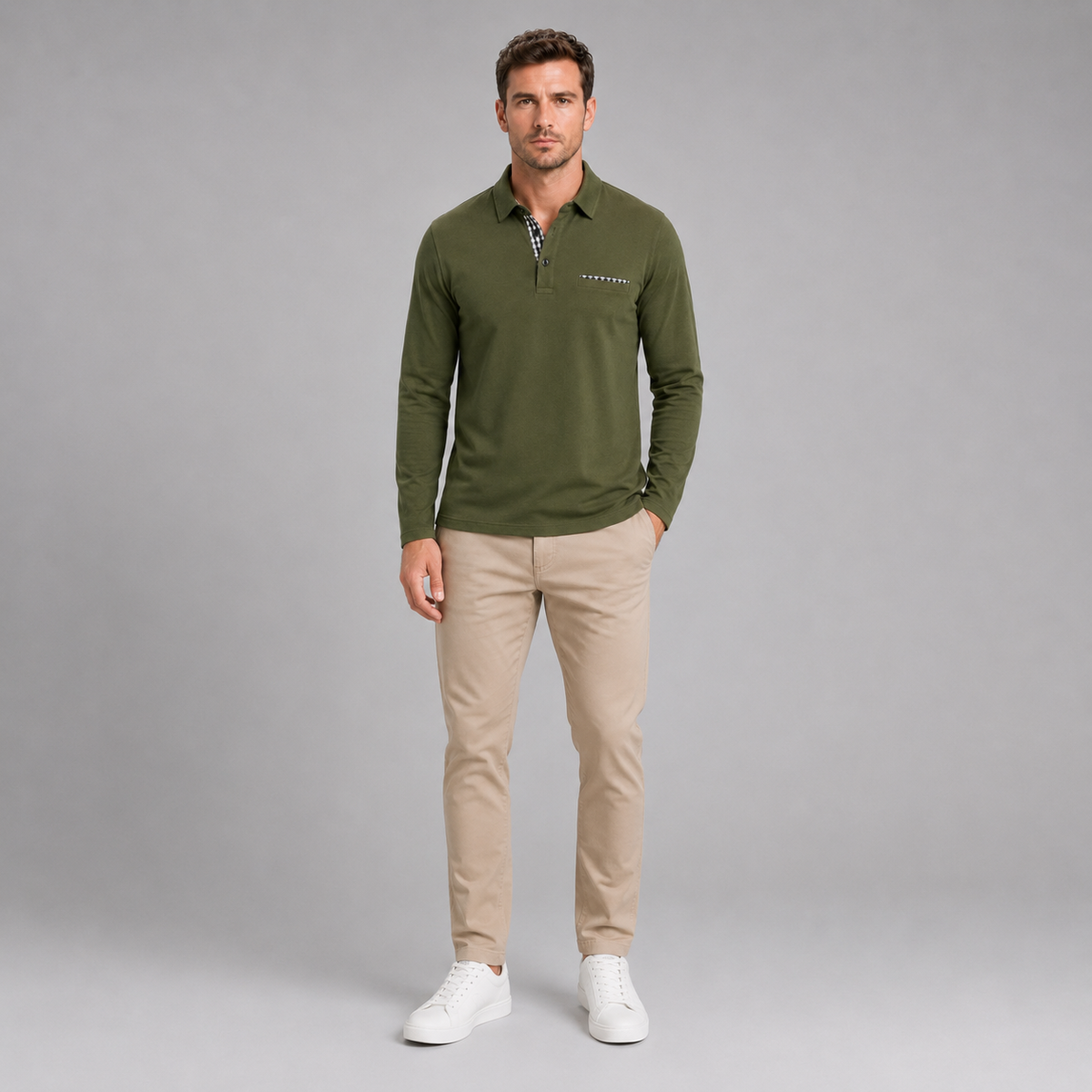 Men’s Long Sleeve Gingham Trim Polo Shirt