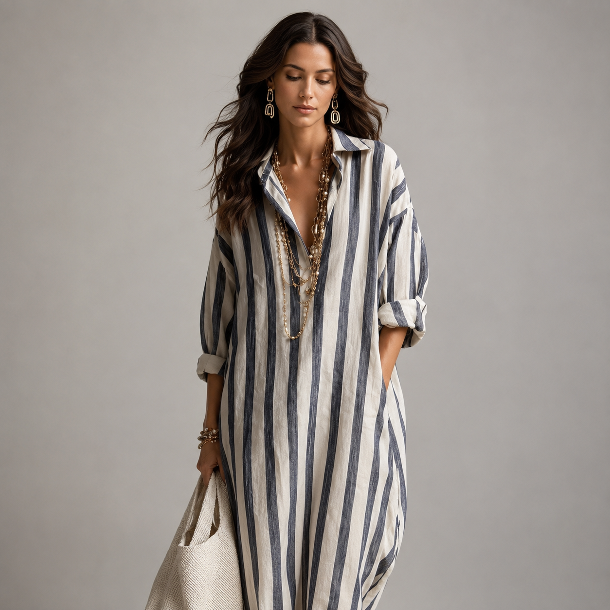 Women's Oversized Striped Linen Shirt Maxi Dress