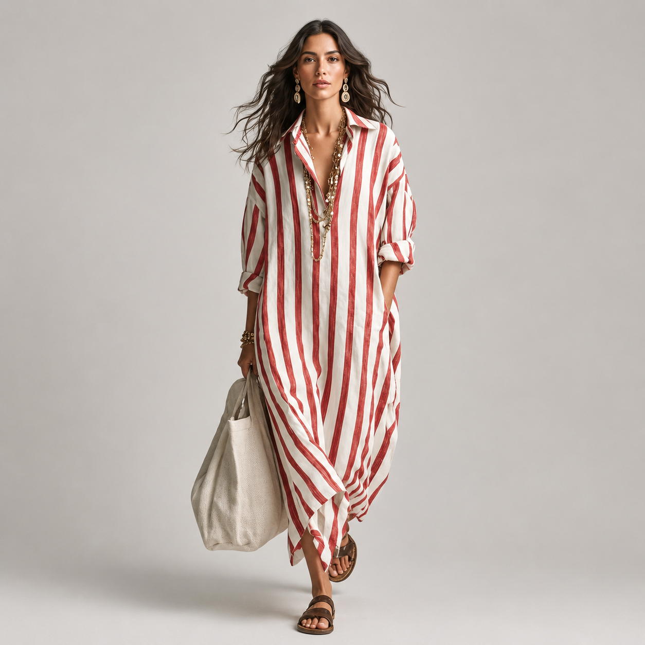 Women's Oversized Striped Linen Shirt Maxi Dress
