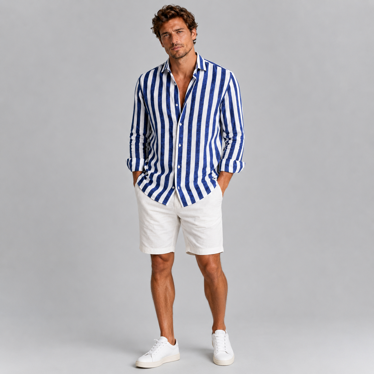 Men’s Striped Linen Look Button-Up Shirt