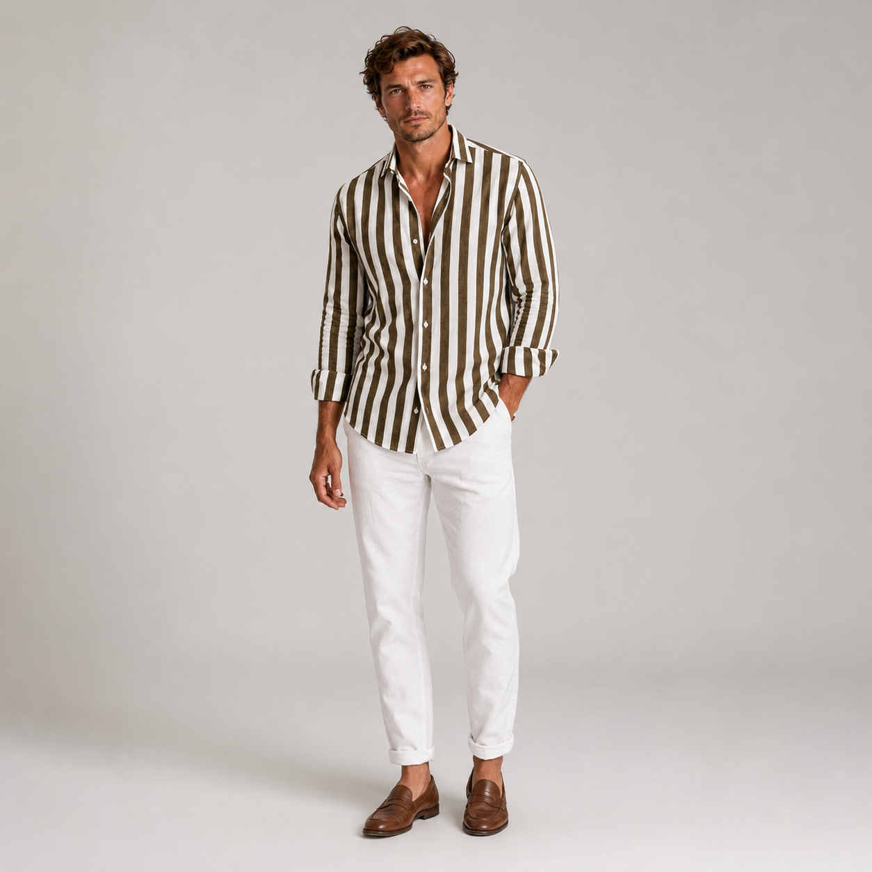 Men’s Striped Linen Look Button-Up Shirt